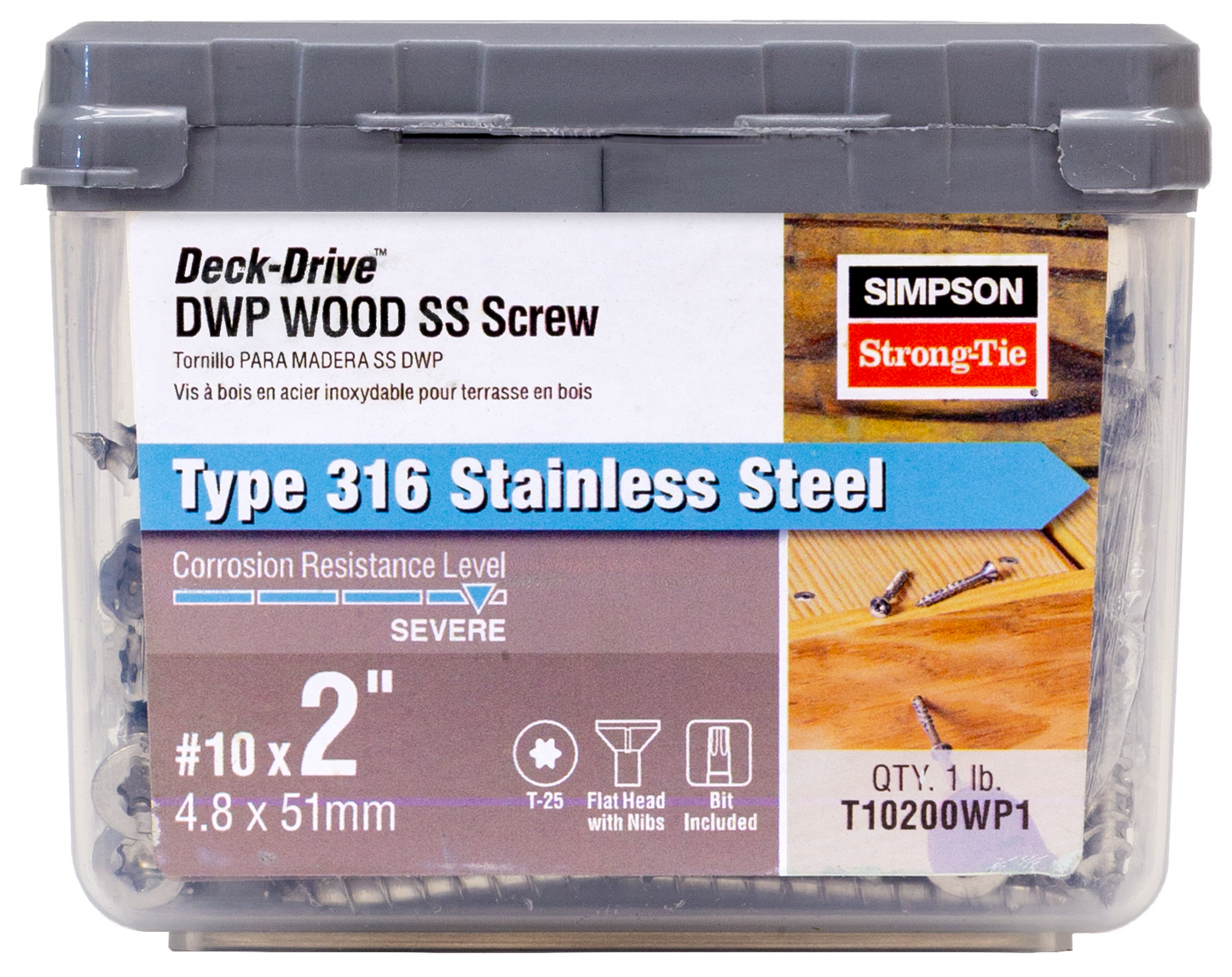 Simpson Strong-Tie T10200WP1 Deck-Drive™ DWP WOOD SS Screw — #10 x 2 in. T-25, Flat Head, Type 316 (1 lb.)