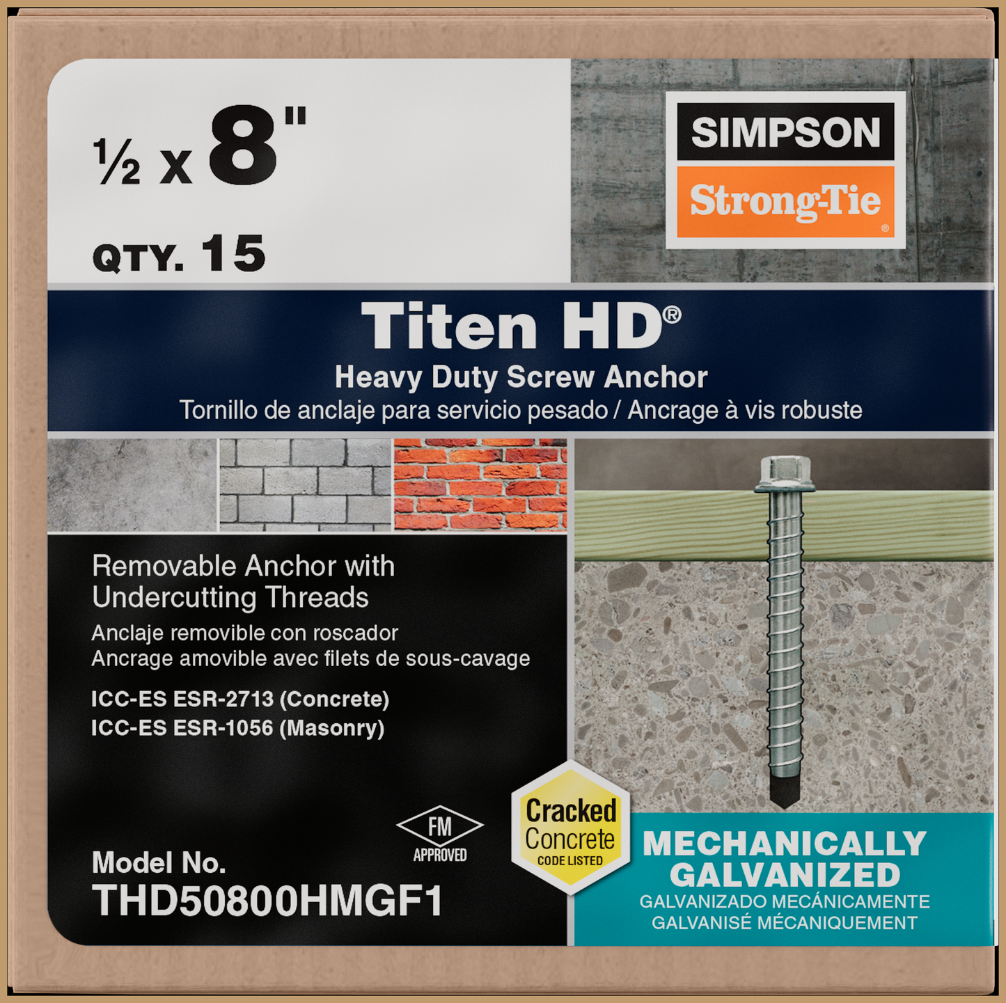 Simpson Strong-Tie THD50800HMGF1 Titen HD® 1/2 in. x 8 in. Mechanically Galvanized Heavy-Duty Screw Anchor (Pack of 3465)