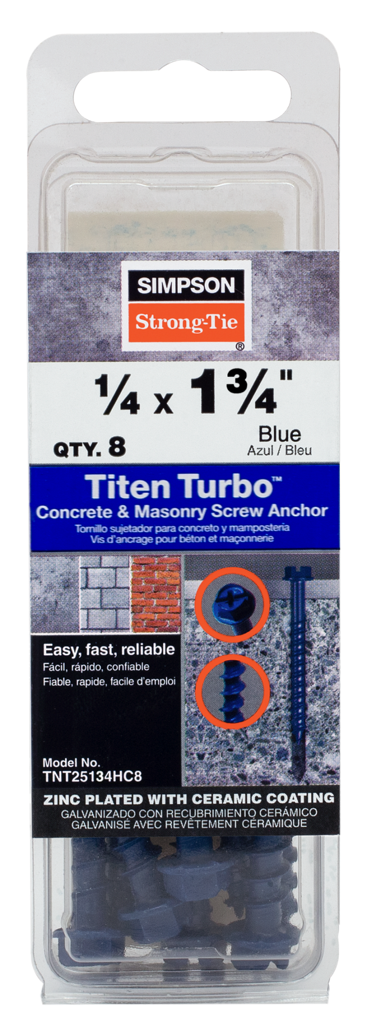 Simpson Strong-Tie TNT25134HC8 Titen Turbo™ — 1/4 in. x 1-3/4 in. Hex-Head Concrete and Masonry Screw, Blue (8-Qty) (Pack of 20)