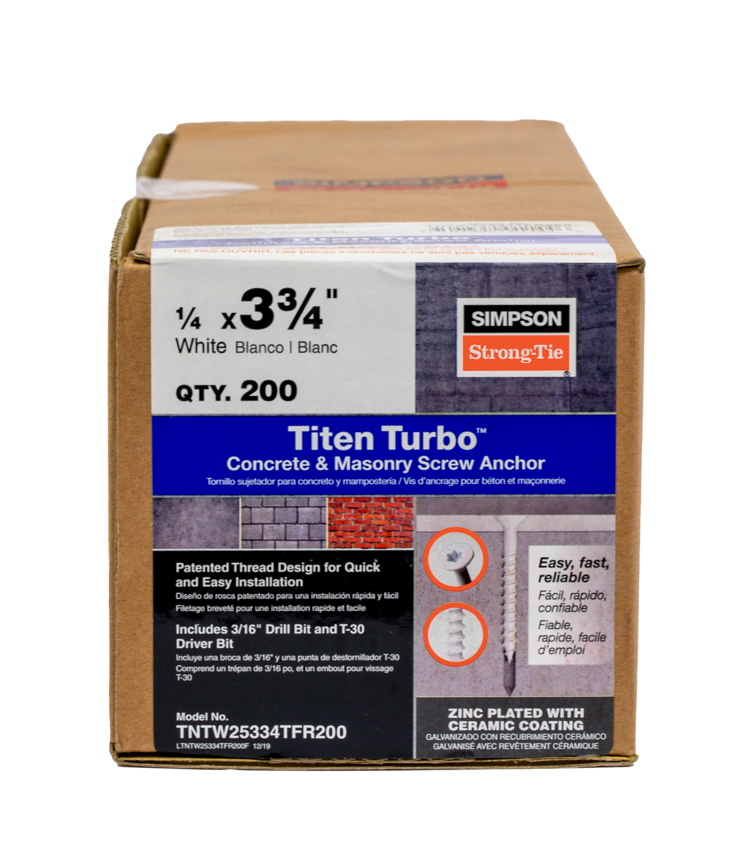 Simpson Strong-Tie TNTW25334TFR200 Titen Turbo™ — 1/4 in. x 3-3/4 in. 6-Lobe Flat-Head Concrete and Masonry Screw, White (200-Qty) (Pack of 297)
