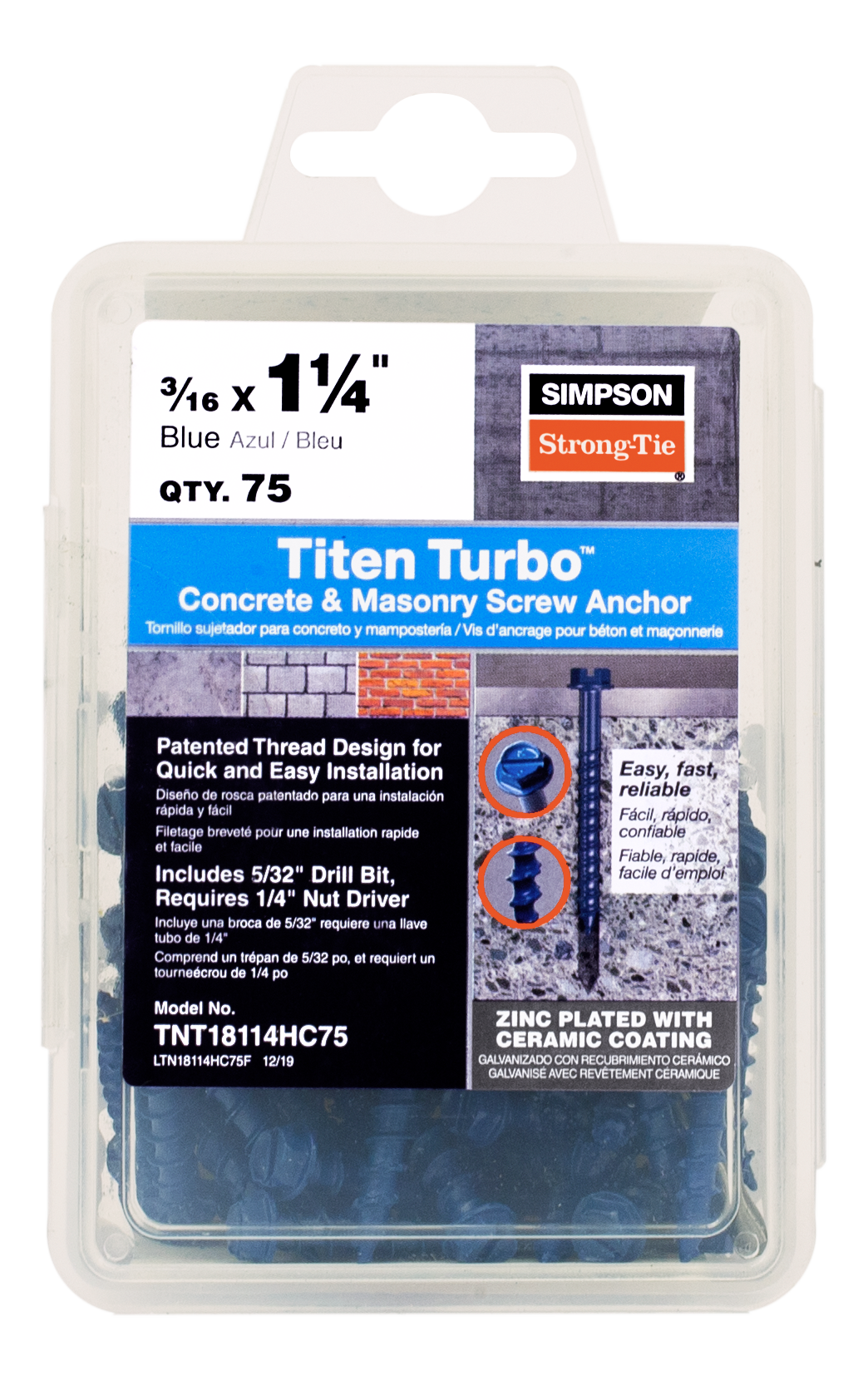 Simpson Strong-Tie TNT18114HC75 Titen Turbo™ — 3/16 in. x 1-1/4 in. Hex-Head Concrete and Masonry Screw, Blue (75-Qty)