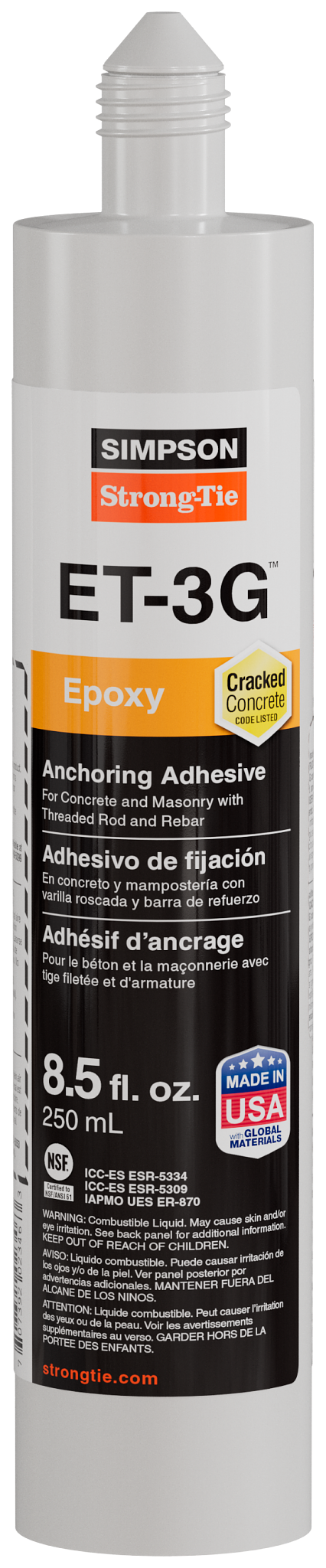Simpson Strong-Tie ET3G10 ET-3G™ 8.5 oz. Epoxy Adhesive Cartridge w/ Nozzle and Extension