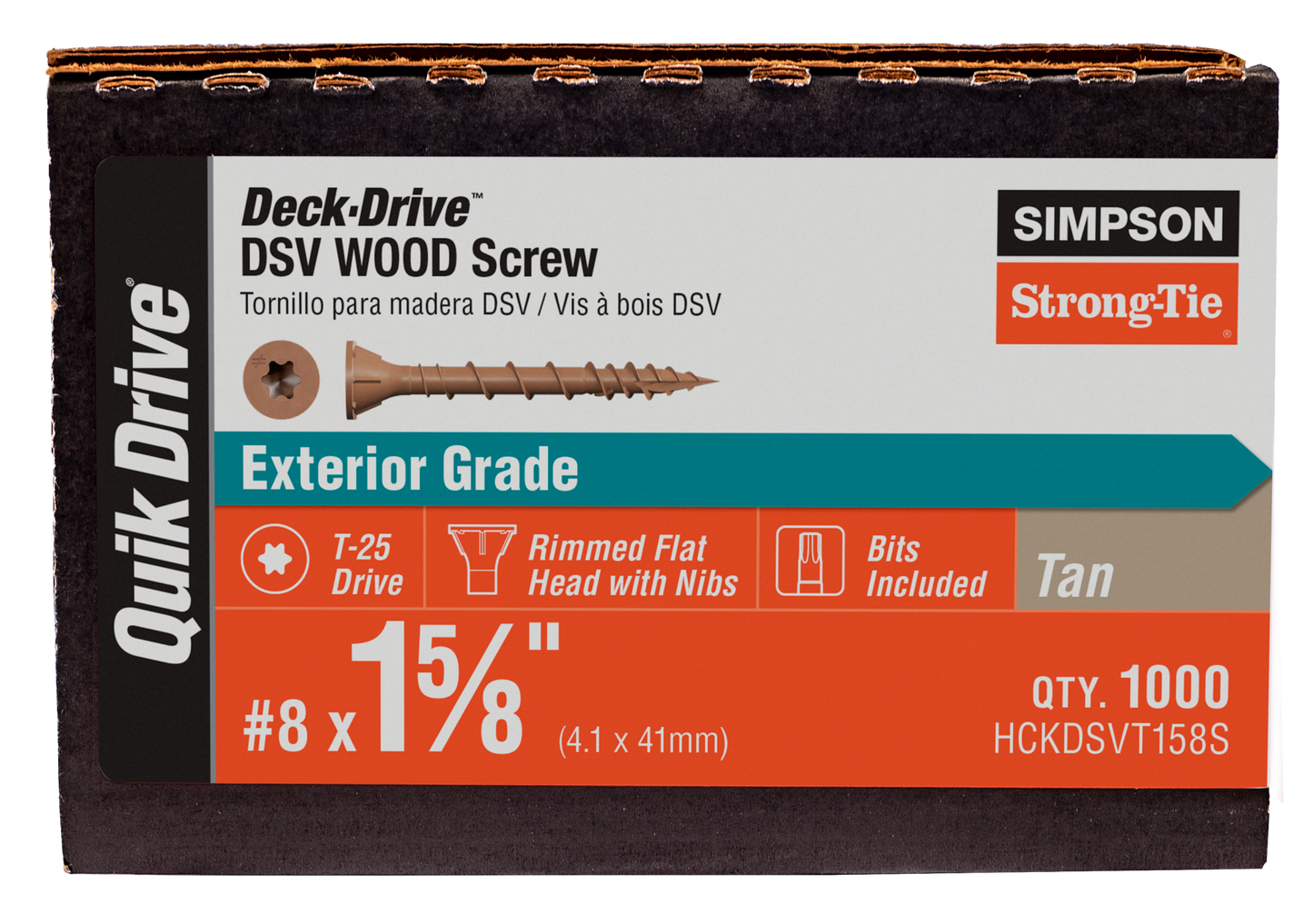 Simpson Strong-Tie HCKDSVT158S Deck-Drive™ DSV WOOD Screw (Collated) — #8 x 1-5/8 in. T25 6-Lobe, Tan (1000-Qty) (Pack of 176)