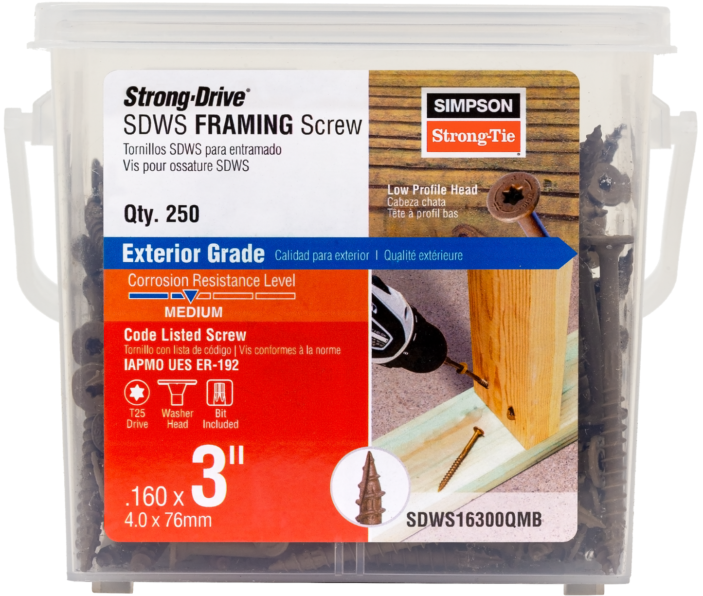 Simpson Strong-Tie SDWS16300QMB Strong-Drive® SDWS™ FRAMING Screw — 0.160 in. x 3 in. T25, Quik Guard®, Tan (250-Qty) (Pack of 336)