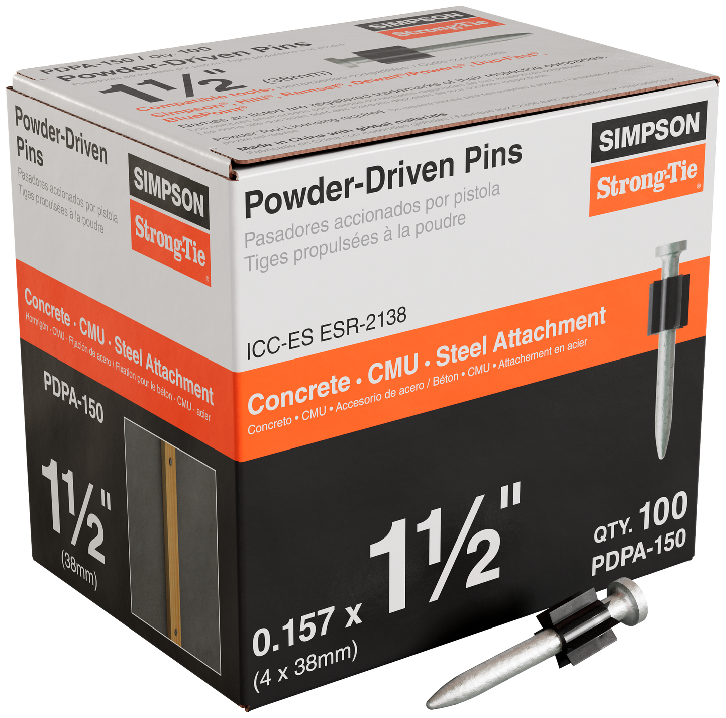 Simpson Strong-Tie PDPA-150 PDPA .157 in. x 1-1/2 in. Powder-Actuated Pin (100-Qty) (Pack of 1500)