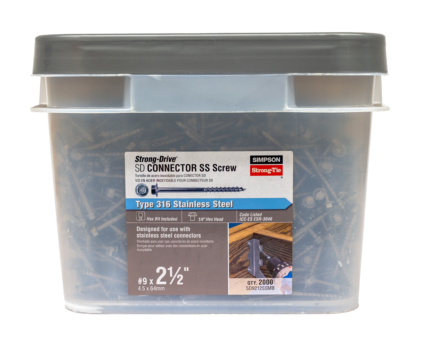 Simpson Strong-Tie SD9212SSMB Strong-Drive® SD CONNECTOR SS Screw — #9 x 2-1/2 in. 1/4-Hex Drive, Type 316 (2000-Qty) (Pack of 64)