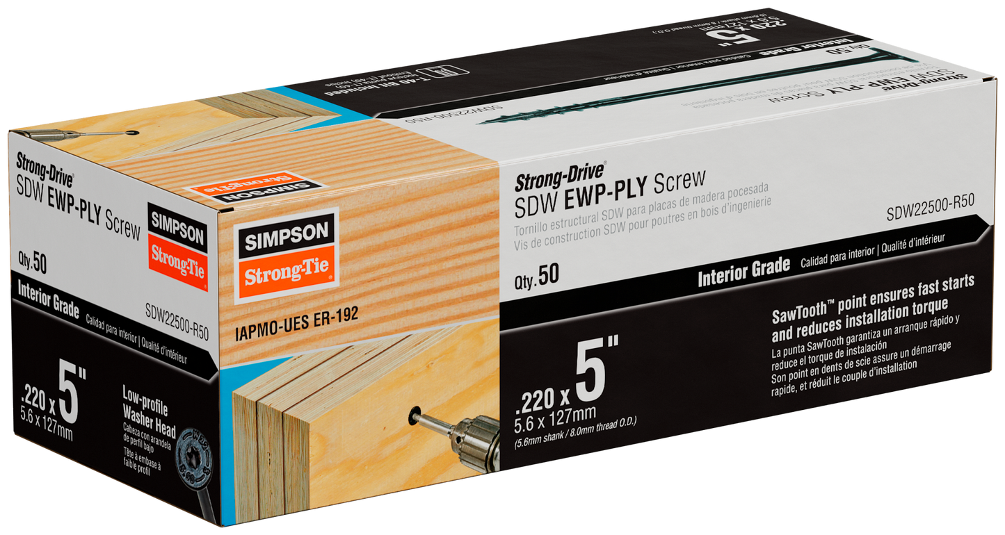 Simpson Strong-Tie SDW22500-R50 Strong-Drive® SDW™ EWP-PLY Screw — .220 in. x 5 in. T40 6-Lobe, E-coat® (50-Qty) (Pack of 320)