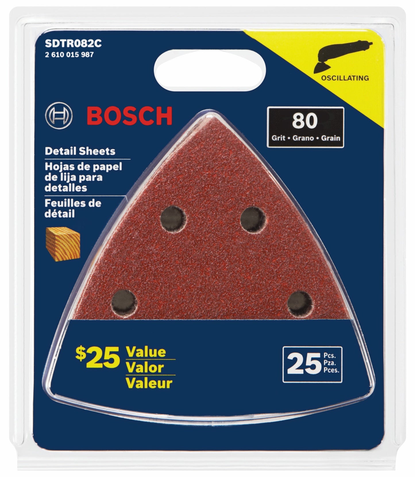 Hojas de lija para detalles BOSCH SDTR082C, 25 piezas, 3-3/4 pulg., grano 80, para madera