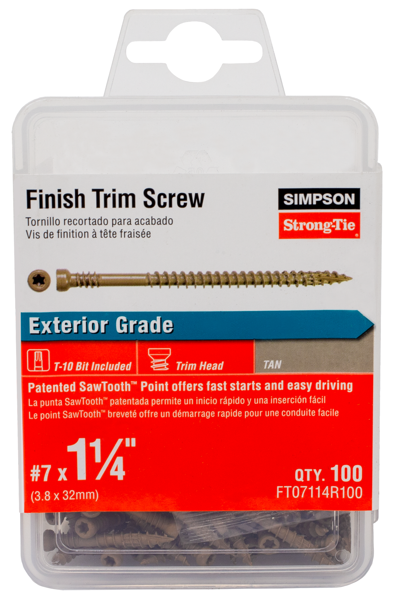 Simpson Strong-Tie FT07114R100 Finish Trim Screw — #7 x 1-1/4 in. T10, Trim-Head, Quik Guard®, Tan (100-Qty)