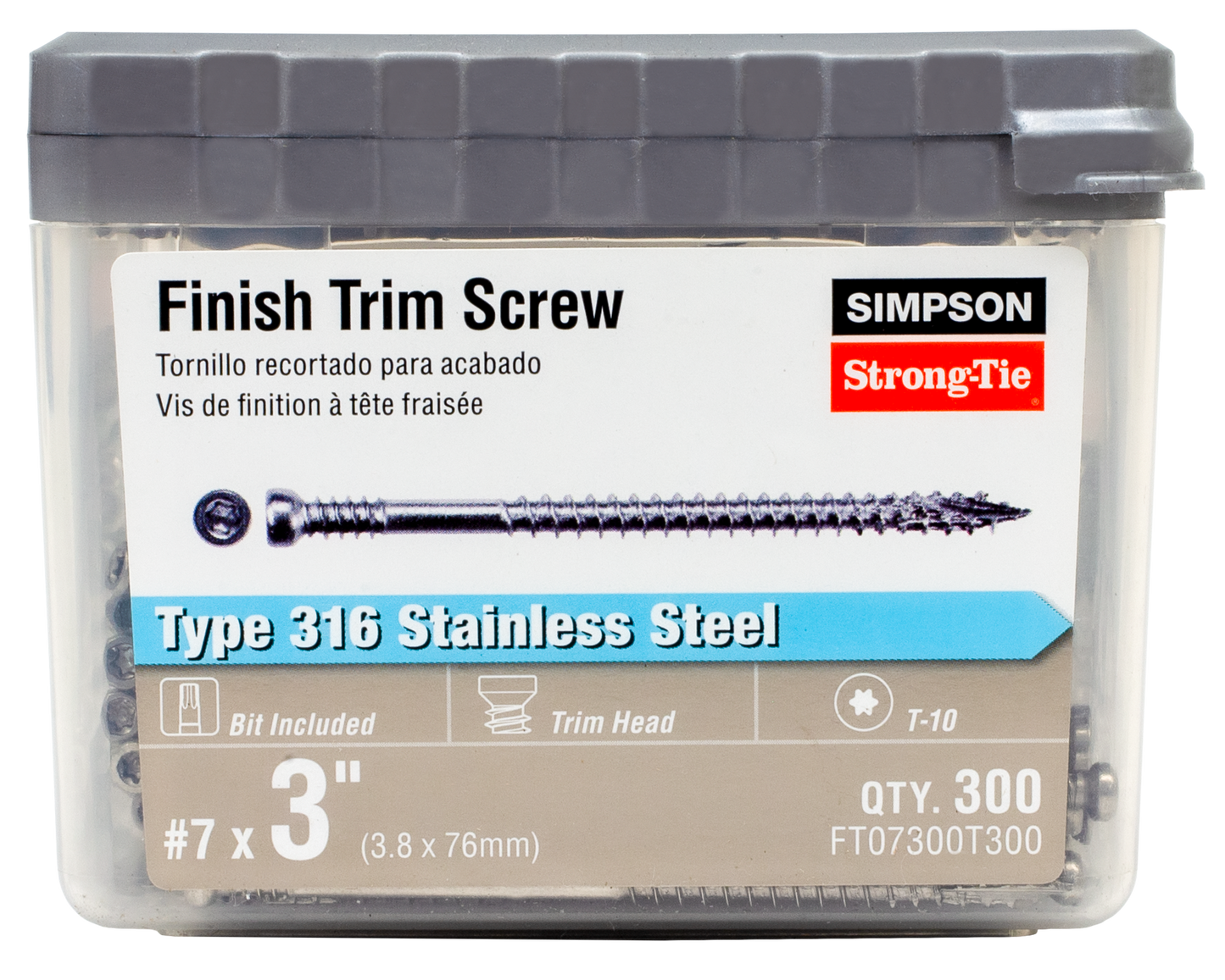 Simpson Strong-Tie FT07300T300 Finish Trim Screw — #7 x 3 in. T10, Trim-Head, Type 316 (300-Qty)