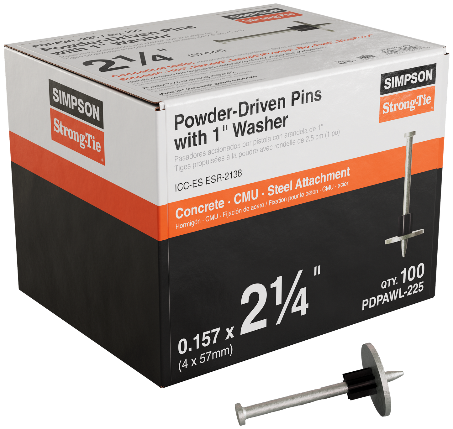 Simpson Strong-Tie PDPAWL-225 PDPAWL .157-in. x 2-1/4-in. Powder-Actuated Pin with 1-in. Washer (100-Qty)