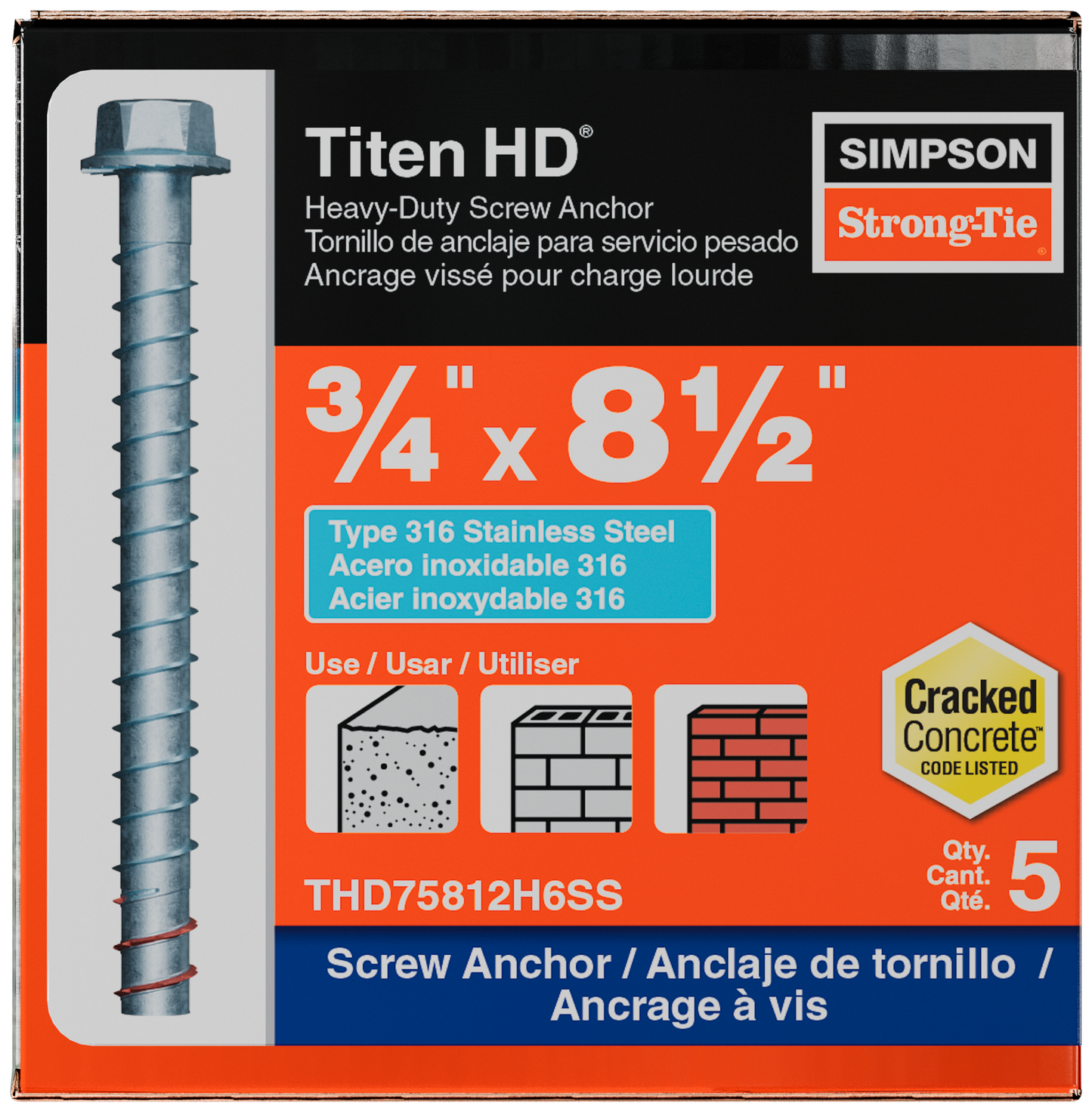 Simpson Strong-Tie THD75812H6SS Titen HD® 3/4 in. x 8-1/2 in. Type 316 Stainless Steel Heavy-Duty Screw Anchor (5-Qty)