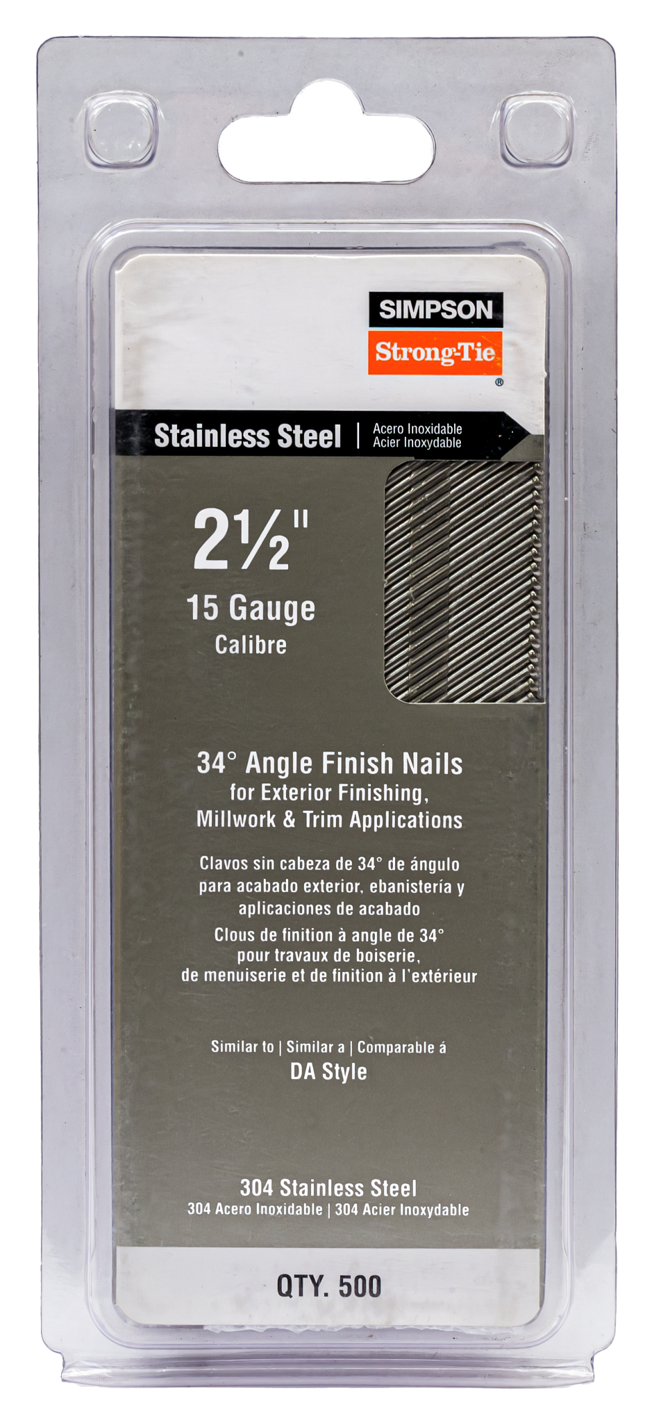 Simpson Strong-Tie S15N250SFB Tape Collation, DA-Style Angle, 15-Gauge Finishing Nail — 2-1/2 in. Type 304 (500-Qty)