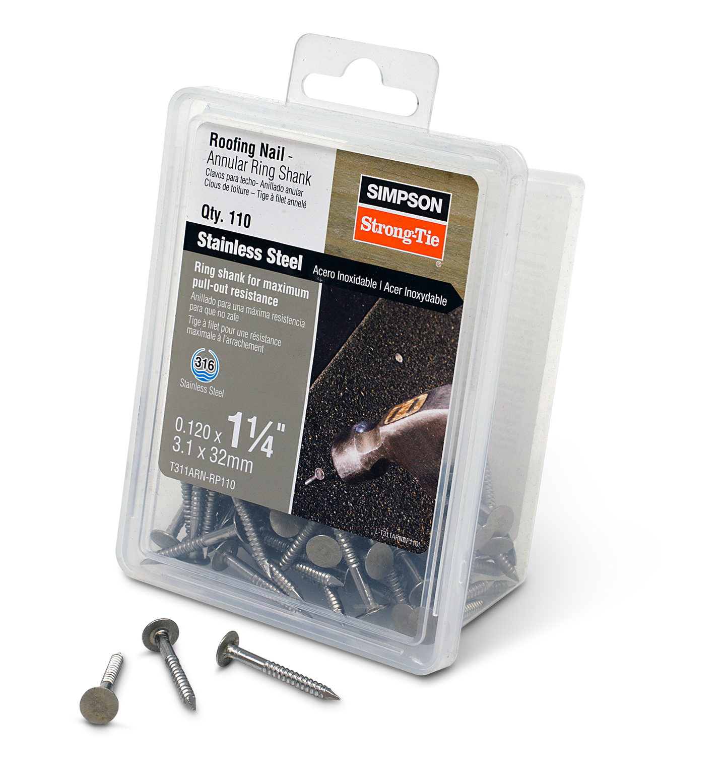 Simpson Strong-Tie T311ARN-RP110 Roofing Nail, Annular Ring Shank — 1-1/4-in. x .120-in. Type 316 Stainless Steel (110-Qty)