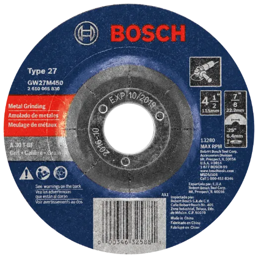 BOSCH GW27M450 4-1/2 In. 1/4 In. 7/8 In. Arbor Type 27 30 Grit Grinding Abrasive Wheel