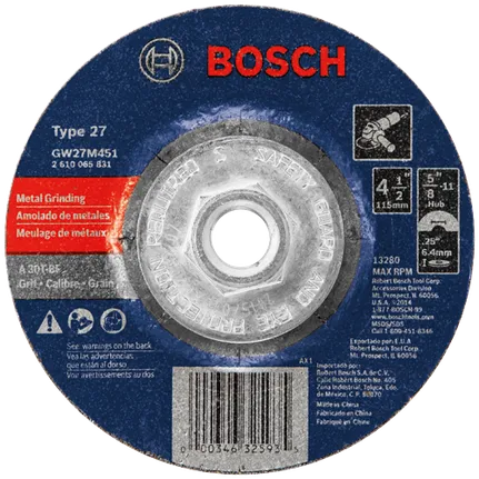 BOSCH GW27M451 4-1/2 In. 1/4 In. 5/8-11 In. Arbor Type 27 30 Grit Grinding Abrasive Wheel