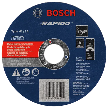 BOSCH TCW1S500 5 In. .040 In. 7/8 In. Arbor Type 1A (ISO 41) 60 Grit Rapido™ Fast Metal/Stainless Cutting Abrasive Wheel