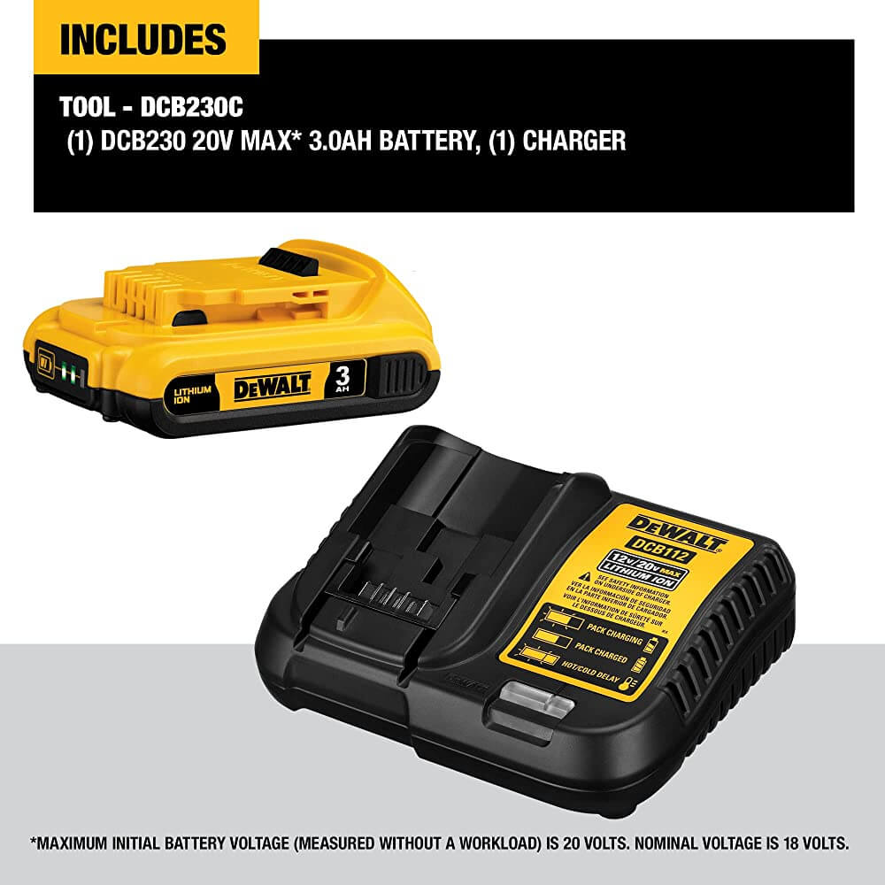 DEWALT DCB230C 20V MAX Battery Pack with Charger, 3-Ah
