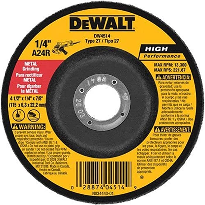 DEWALT DW4514B5 4-1/2-Inch by 1/4-Inch by 7/8-Inch Metal Grinding Wheel - 5 Pack