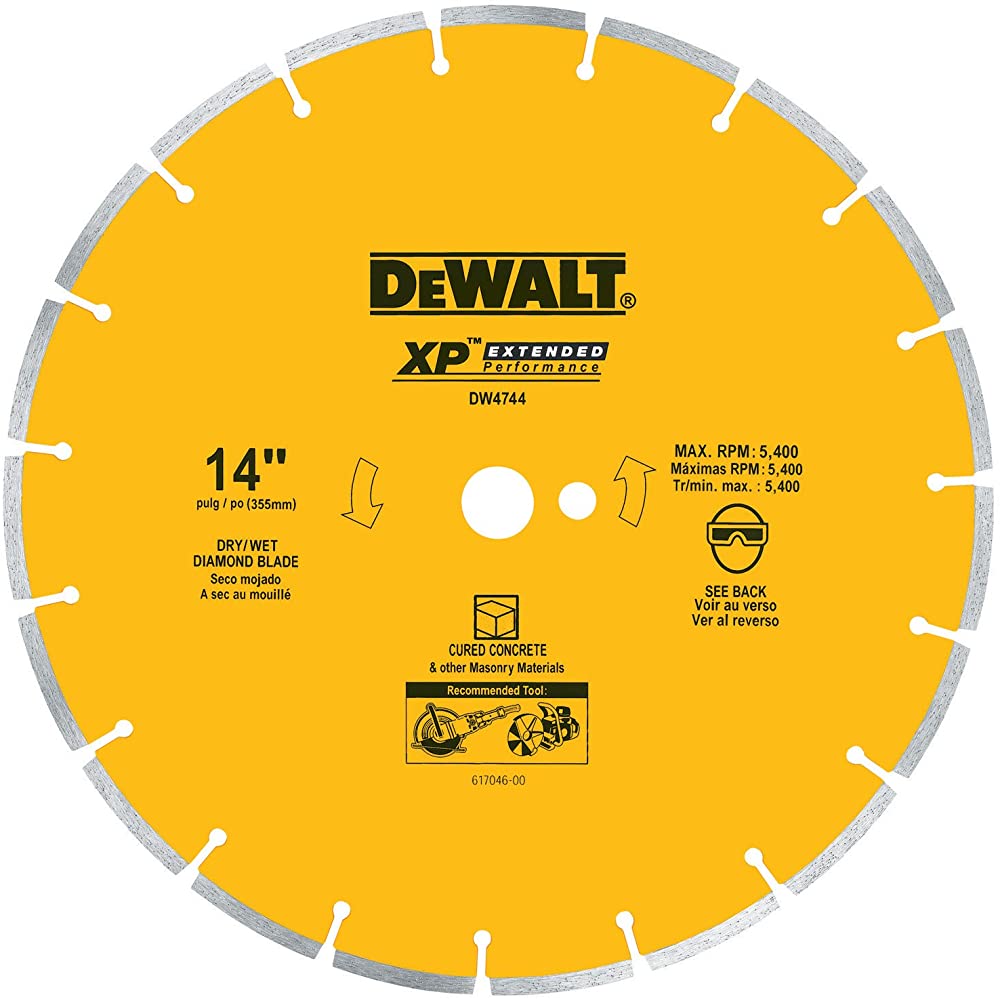 Hoja de sierra segmentada de diamante DEWALT DW4744 de 14 pulgadas con mandril de 1 pulgada para hormigón curado