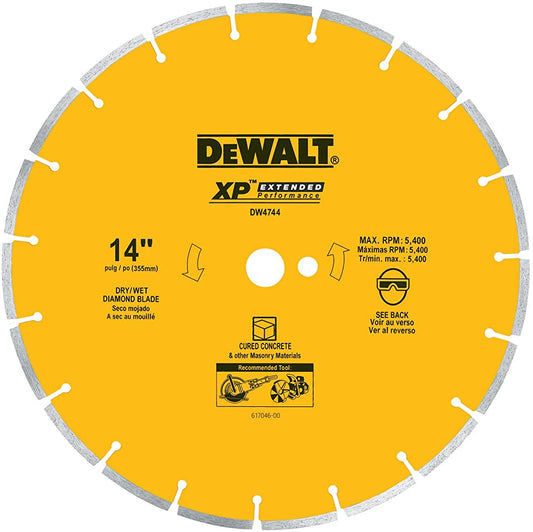 Hoja de sierra segmentada de diamante DEWALT DW4744 de 14 pulgadas con mandril de 1 pulgada para hormigón curado