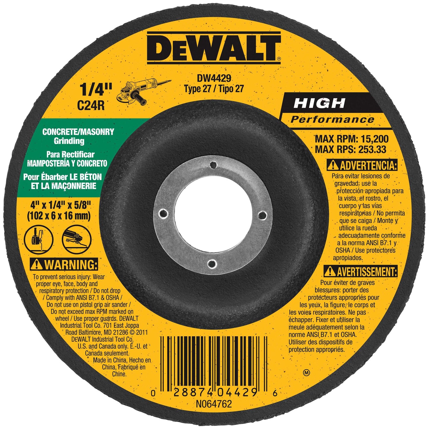 DeWalt DW4528 4-1/2" Cut Off Wheel, Concrete/Masonry, 4-1/2" X 1/8" X 7/8"
