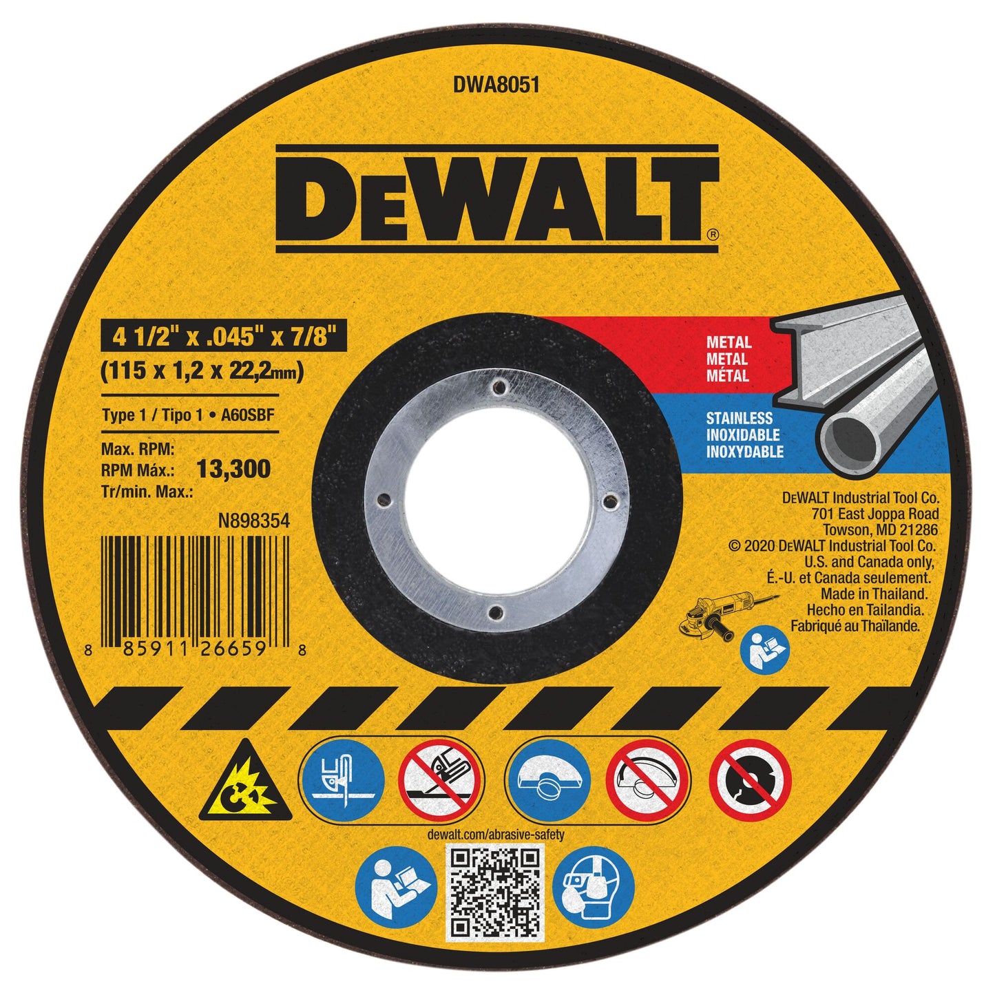 DeWalt DWA8051 4-1/2 In x .045 in Aluminum Oxide Abrasive Chop / Cut-Off Blade with 7/8 in Arbor For Concrete & Masonry Cutting (1 Pack)