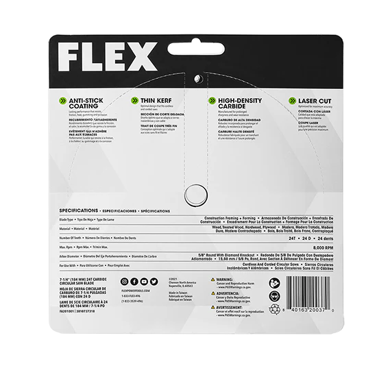 Hoja de sierra circular de carburo FLEX FA201001 de 7-1/4" y 24 dientes