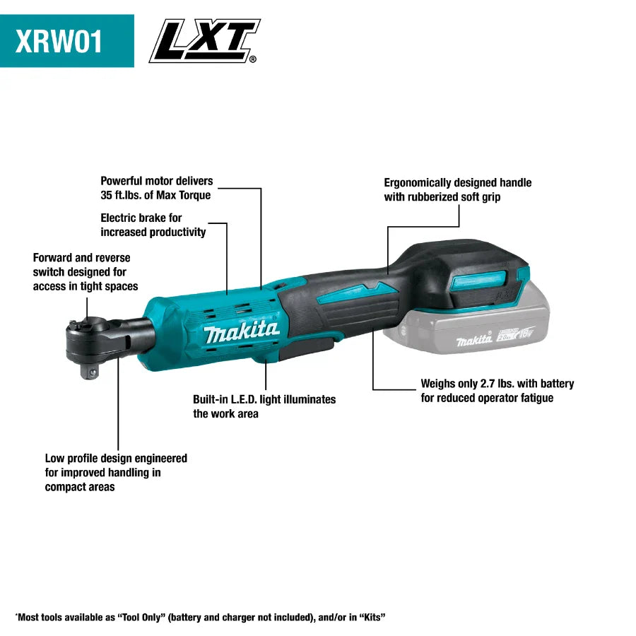 Makita XRW01Z 18V LXT® Lithium‑Ion Cordless 3/8" / 1/4" Sq. Drive Ratchet (Tool Only)