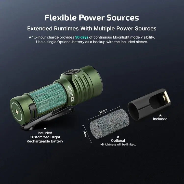 OLIGHT BATONTURBOODGRGL Baton Turbo Compact EDC Flashlight with 510m Long-Range Beam - OD Green