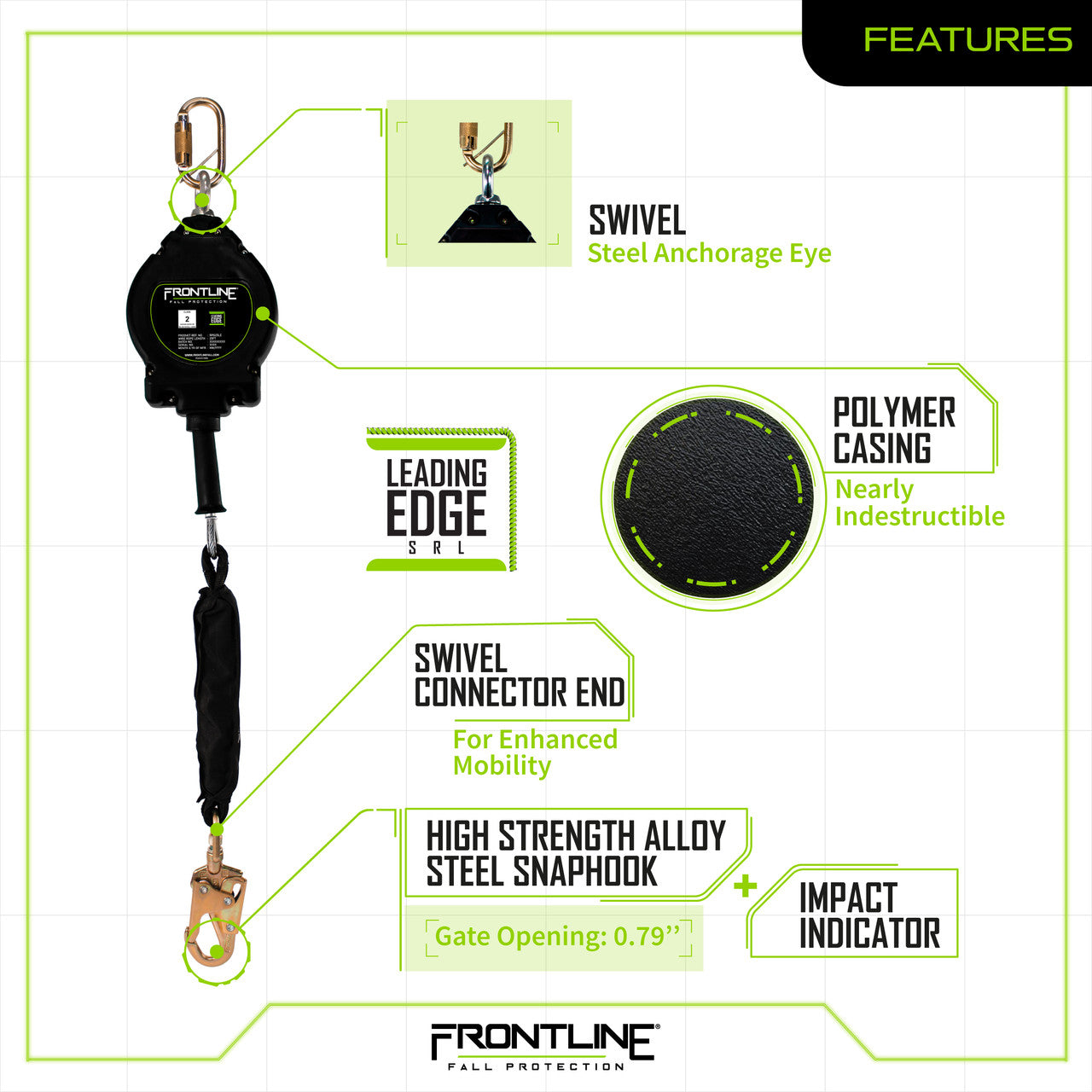 Frontline RPG25LE Leading Edge Cable Single Leg SRL with Steel Snap Hook End