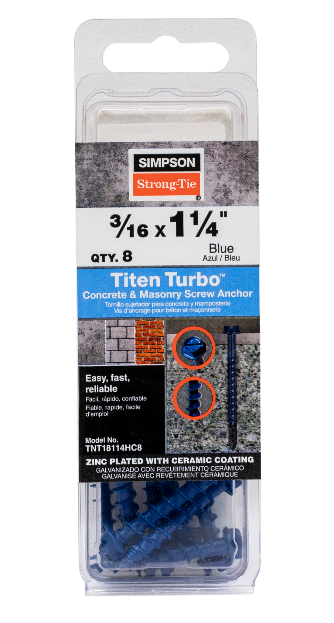 Simpson Strong-Tie TNT18114H Titen Turbo™ — 3/16 in. x 1-1/4 in. Hex-Head Concrete and Masonry Screw, Blue (100-Qty)