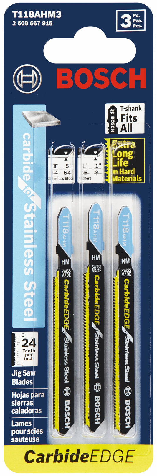 BOSCH T118AHM3 3 piezas, 3-1/4 pulg., 24 dientes por pulgada, borde de carburo para hojas de sierra caladora con vástago en T de acero inoxidable