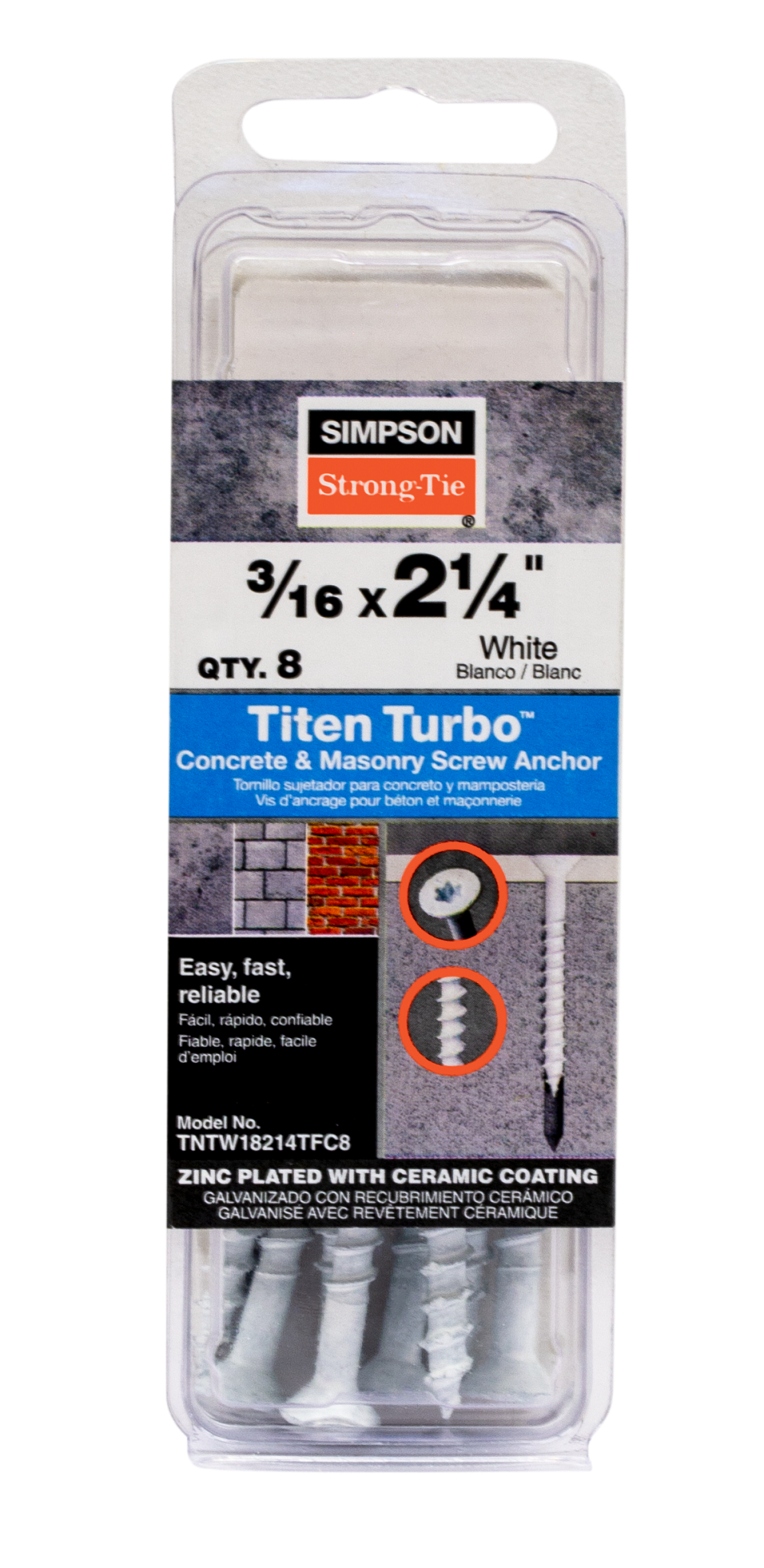 Simpson Strong-Tie TNTW18214TFC8 Titen Turbo™ — 3/16 in. x 2-1/4 in. 6-Lobe Flat-Head Concrete and Masonry Screw, White (8-Qty) (Pack of 20)