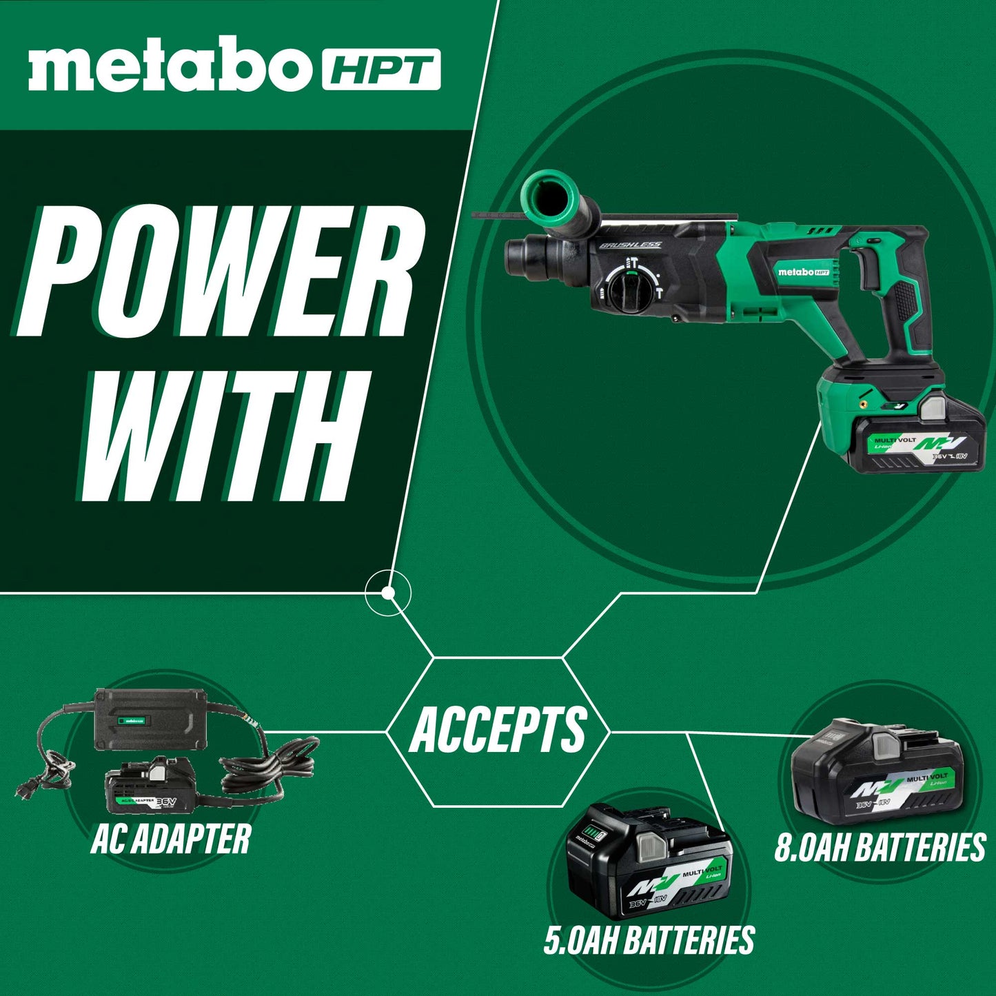 Martillo perforador Metabo HPT DH3628DDM de 36 V MultiVolt sin escobillas SDS Plus de 1-1/8" con mango en D