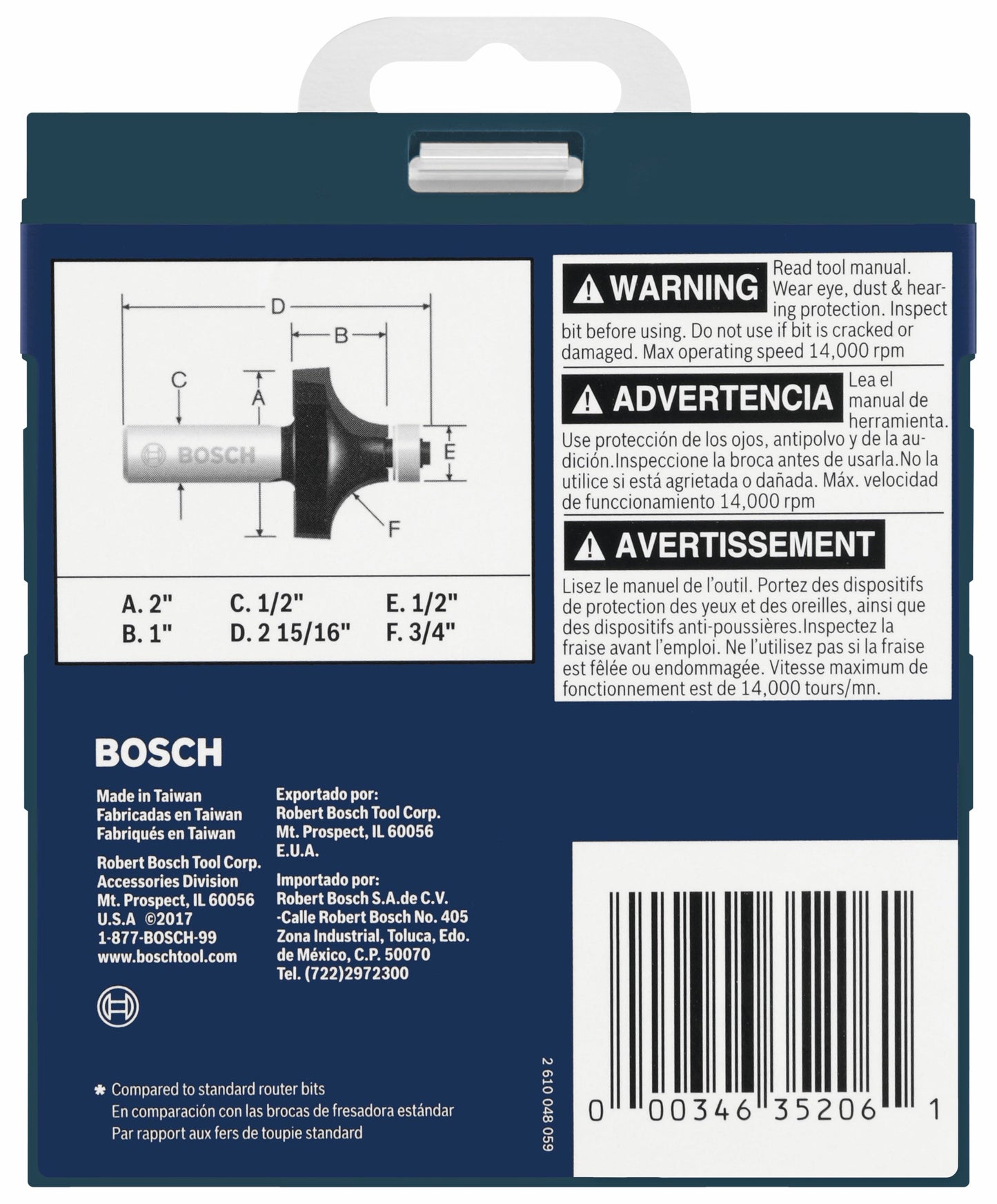 BOSCH 85434MC 3/4 In. x 1 In. Carbide-Tipped Roundover Router Bit