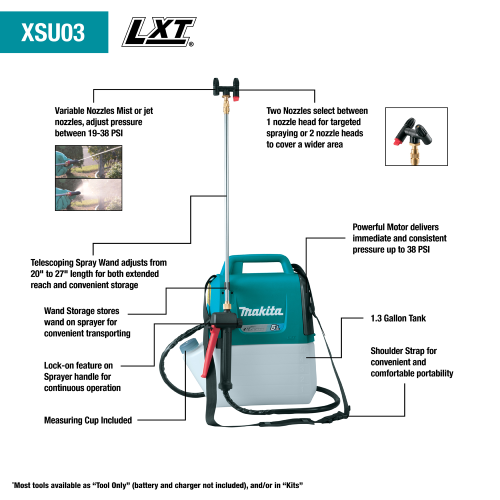 Makita XSU03Z 18V LXT® Lithium‑Ion Cordless 1.3 Gallon Sprayer, Tool Only
