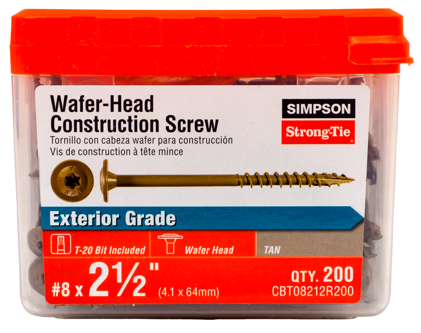 Simpson Strong-Tie CBT08212R200 Wafer-Head Construction Screw — #8 x 2-1/2 in. T20, Quik Guard®, Tan (200-Qty)