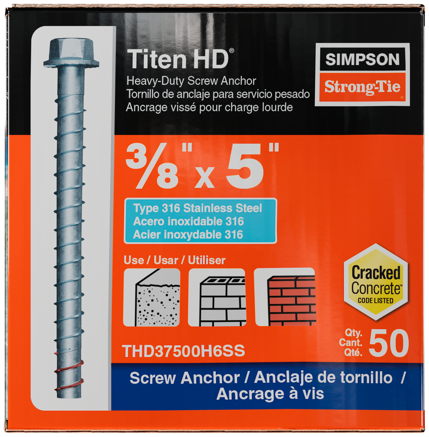 Simpson Strong-Tie THD37500H6SS Titen HD® 3/8 in. x 5 in. Type 316 Stainless Steel Heavy-Duty Screw Anchor (50-Qty) (Pack of 2)