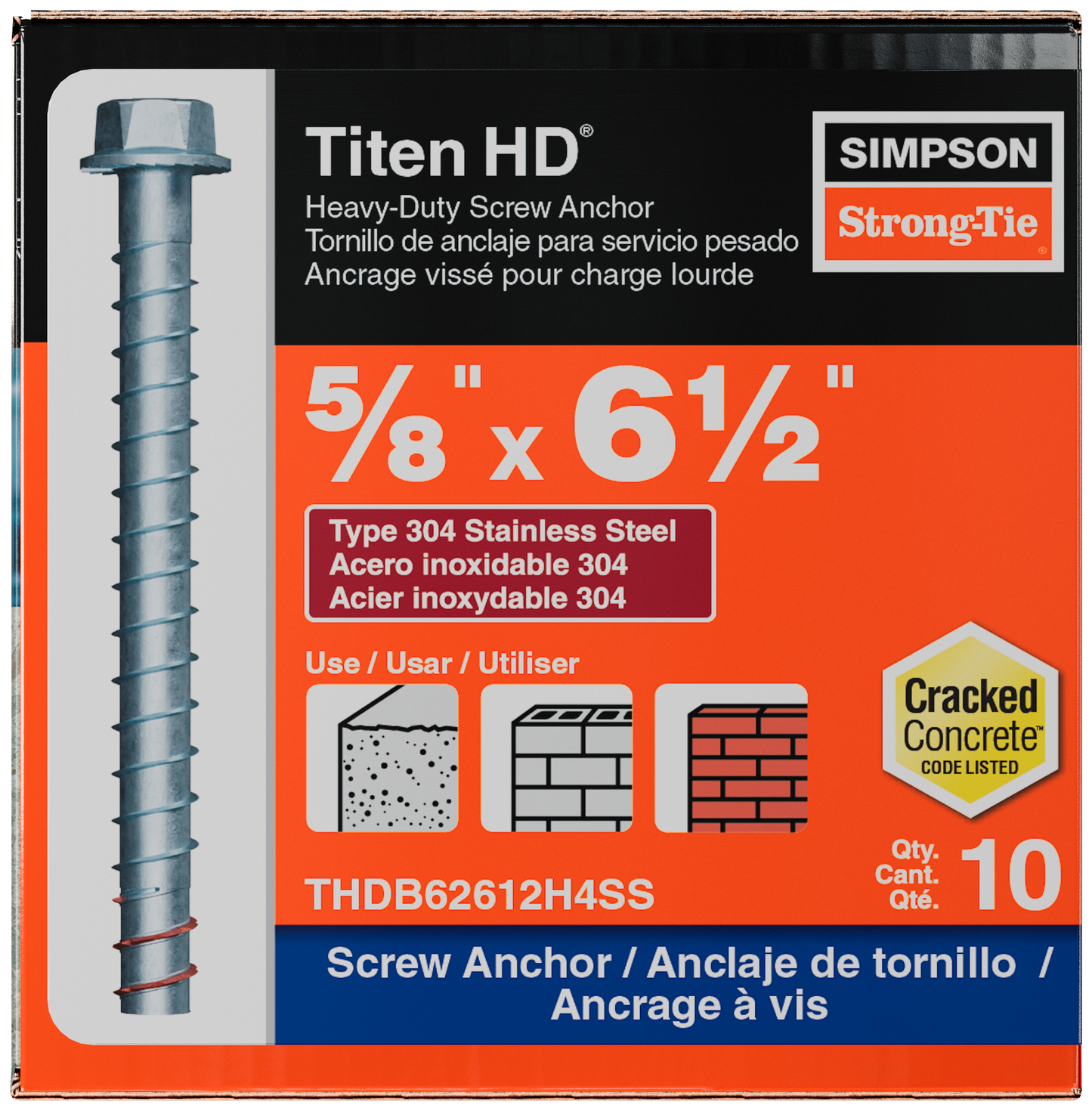 Simpson Strong-Tie THDB62612H4SS Titen HD® 5/8 in. x 6-1/2 in. Type 304 Stainless Steel Heavy-Duty Screw Anchor (10-Qty)