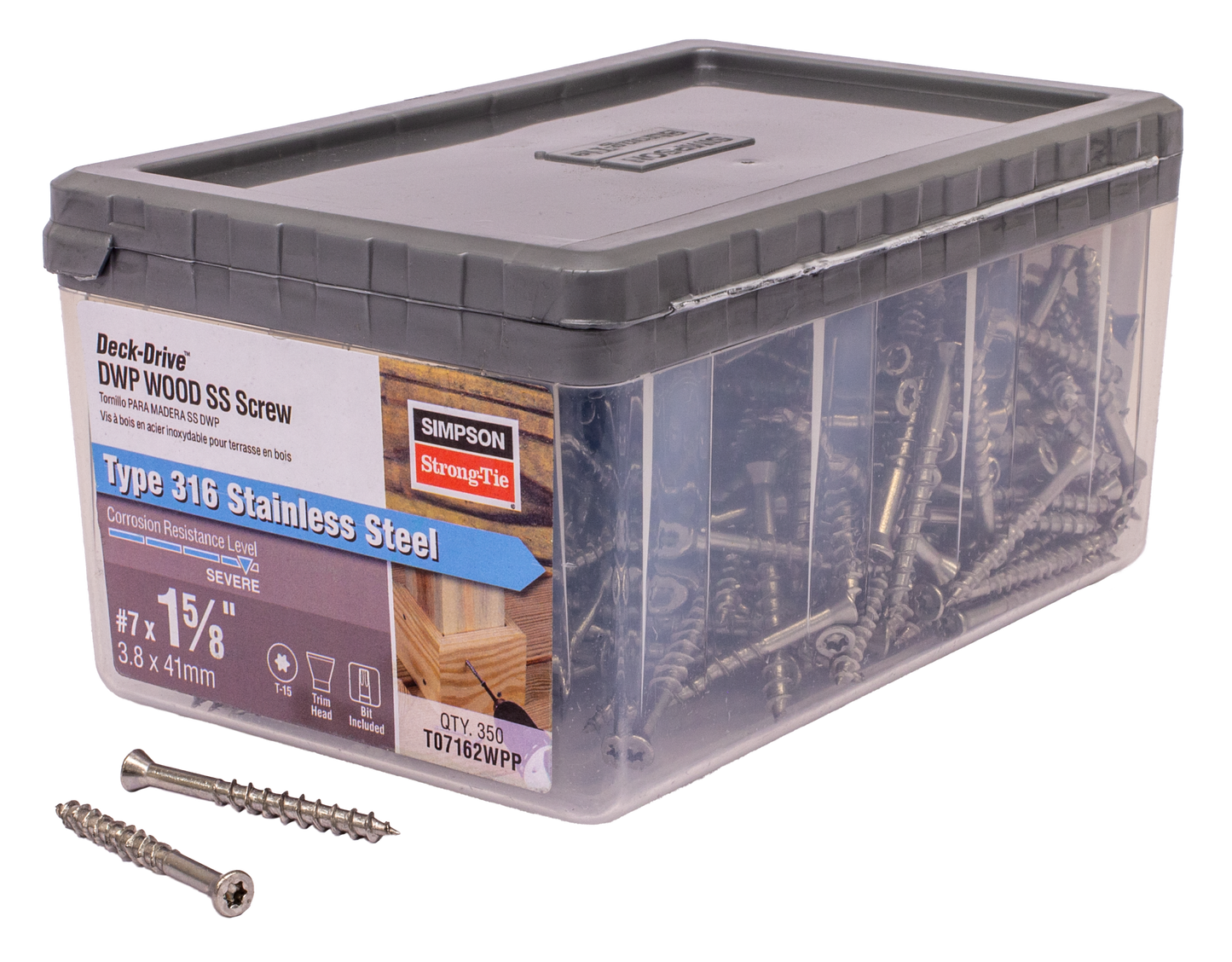 Simpson Strong-Tie T07162WPP Deck-Drive™ DWP WOOD SS Screw — #7 x 1-5/8 in. T-15, Trim Head, Type 316 (350-Qty) (Pack of 600)