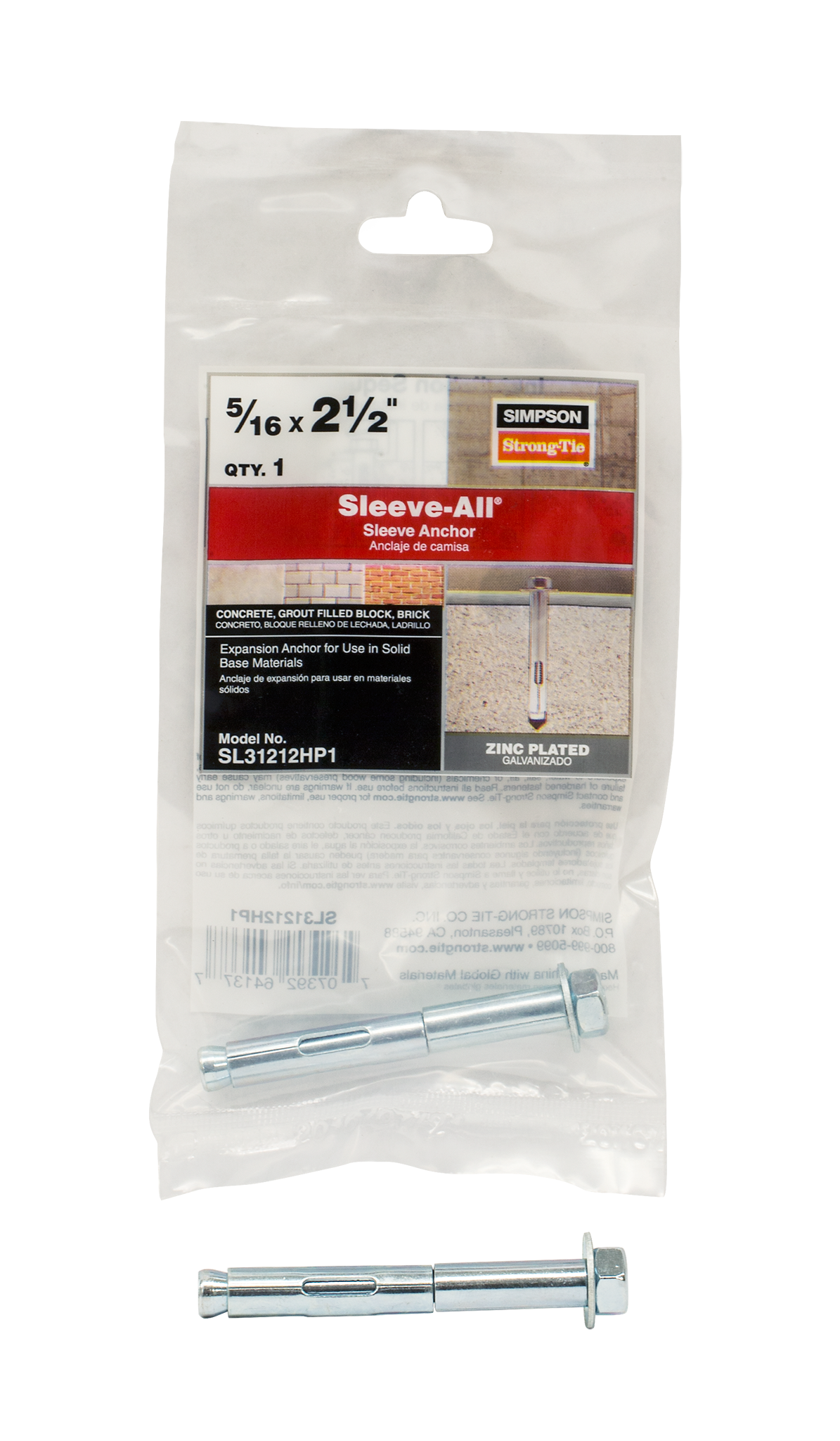 Simpson Strong-Tie SL31212HP1 Sleeve-All® 5/16 in. x 2-1/2 in. Hex-Head Sleeve Anchor (Pack of 15)