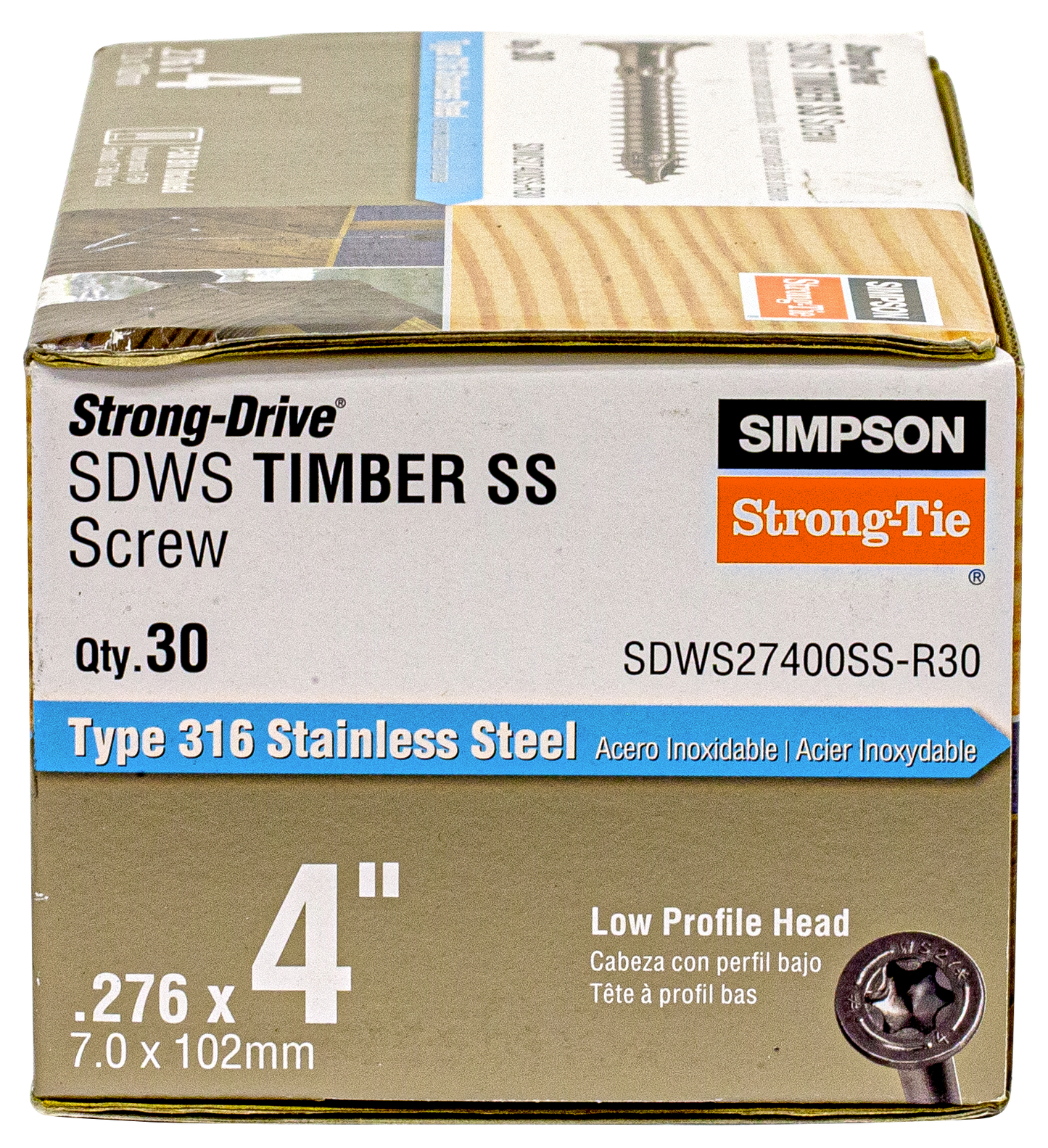 Simpson Strong-Tie SDWS27400SS-R30 Strong-Drive® SDWS™ TIMBER Screw — 0.275 in. x 4 in. T50, Type 316 (30-Qty)