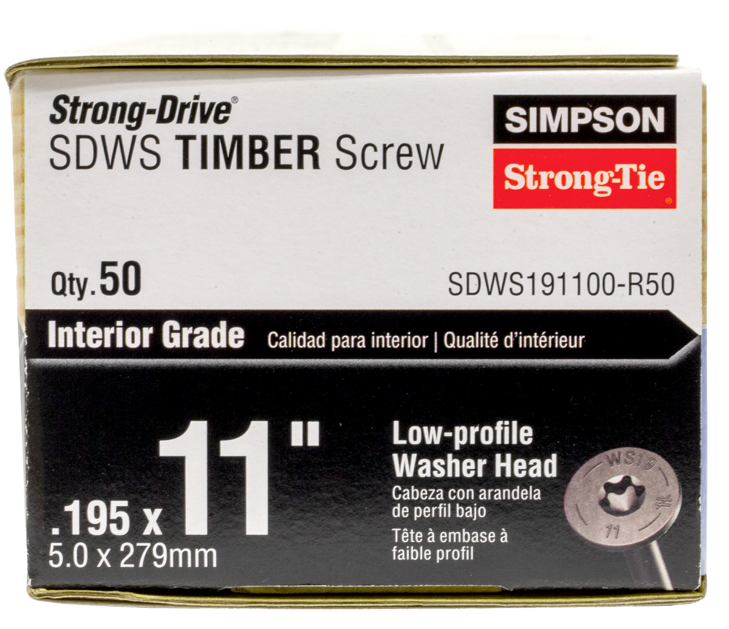 Simpson Strong-Tie SDWS191100-R50 Strong-Drive® SDWS™ TIMBER Screw (Interior) — 0.195 in. x 11 in. E-coat® (50-Qty) (Pack of 156)