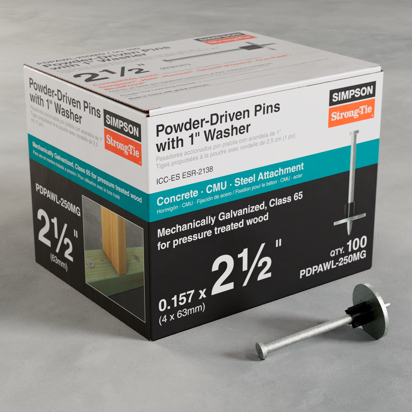 Simpson Strong-Tie PDPAWL-250MG PDPAWL .157 in. x 2-1/2 in. Mechanically Galvanized Powder-Actuated Pin w/ 1 in. Washer (100-Qty)
