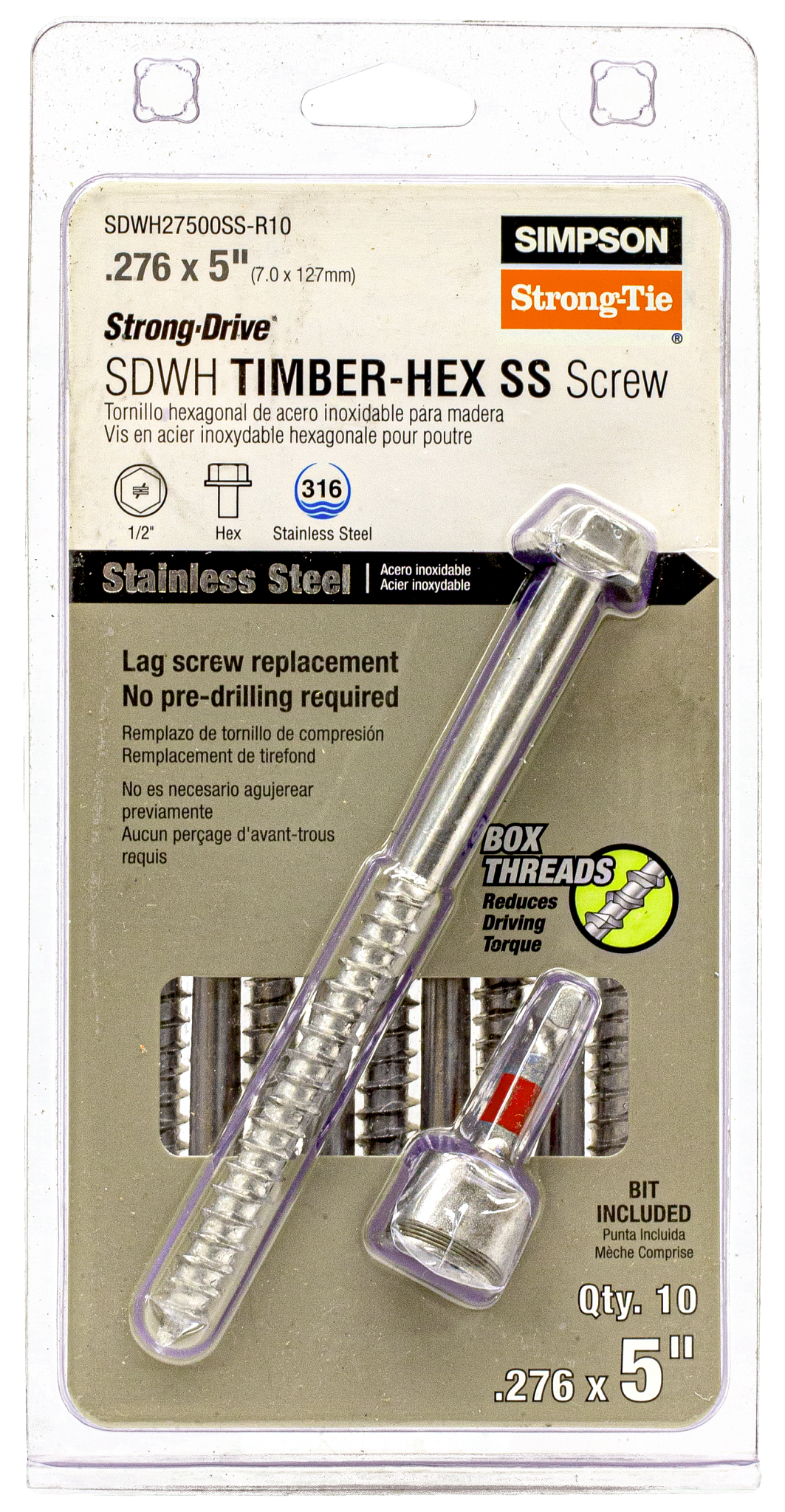 Simpson Strong-Tie SDWH27500SS-R10 Strong-Drive® SDWH™ TIMBER-HEX SS Screw — 0.275 in. x 5 in. 1/2 Hex, Type 316 (10-Qty)
