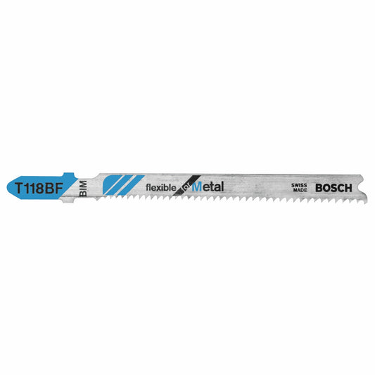 Hojas de sierra caladora BOSCH T118BF de 5 piezas, 3-5/8 pulg., 11-14 dientes por pulgada, flexibles para metal, con vástago en T