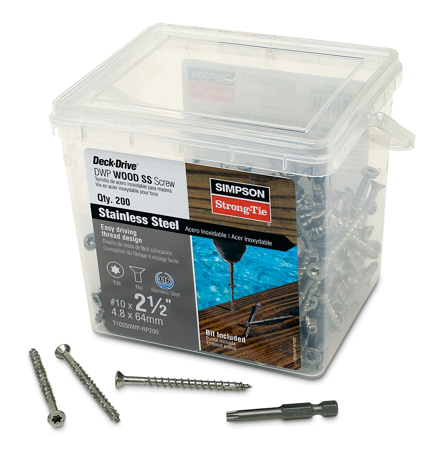 Simpson Strong-Tie T10250WP-RP200 Deck-Drive™ DWP WOOD SS Screw — #10 x 2-1/2 in. T25, Flat Head, Type 316 (200-Qty)