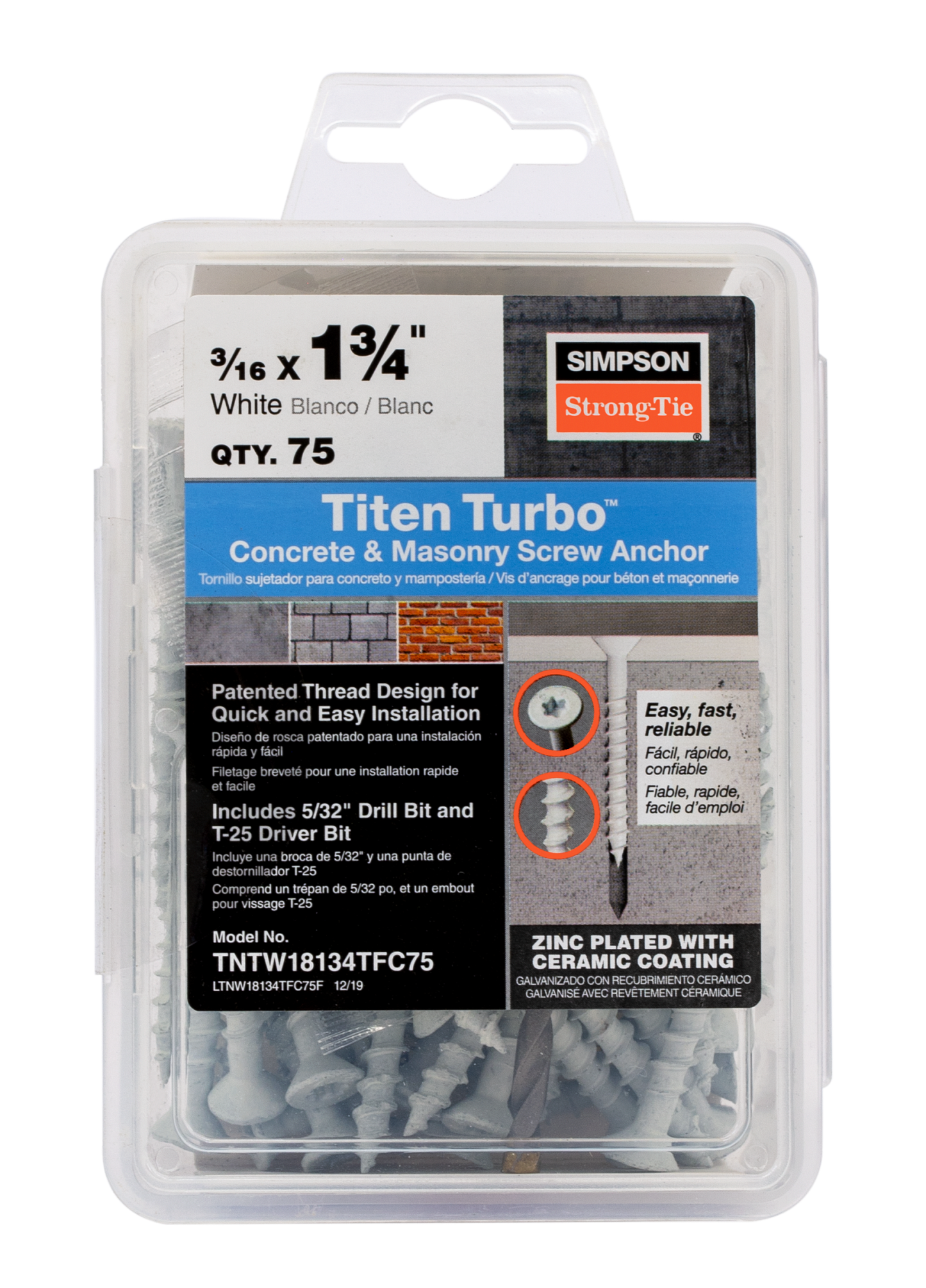 Simpson Strong-Tie TNTW18134TFC75 Titen Turbo™ — 3/16 in. x 1-3/4 in. 6-Lobe Flat-Head Concrete and Masonry Screw, White (75-Qty) (Pack of 1440)