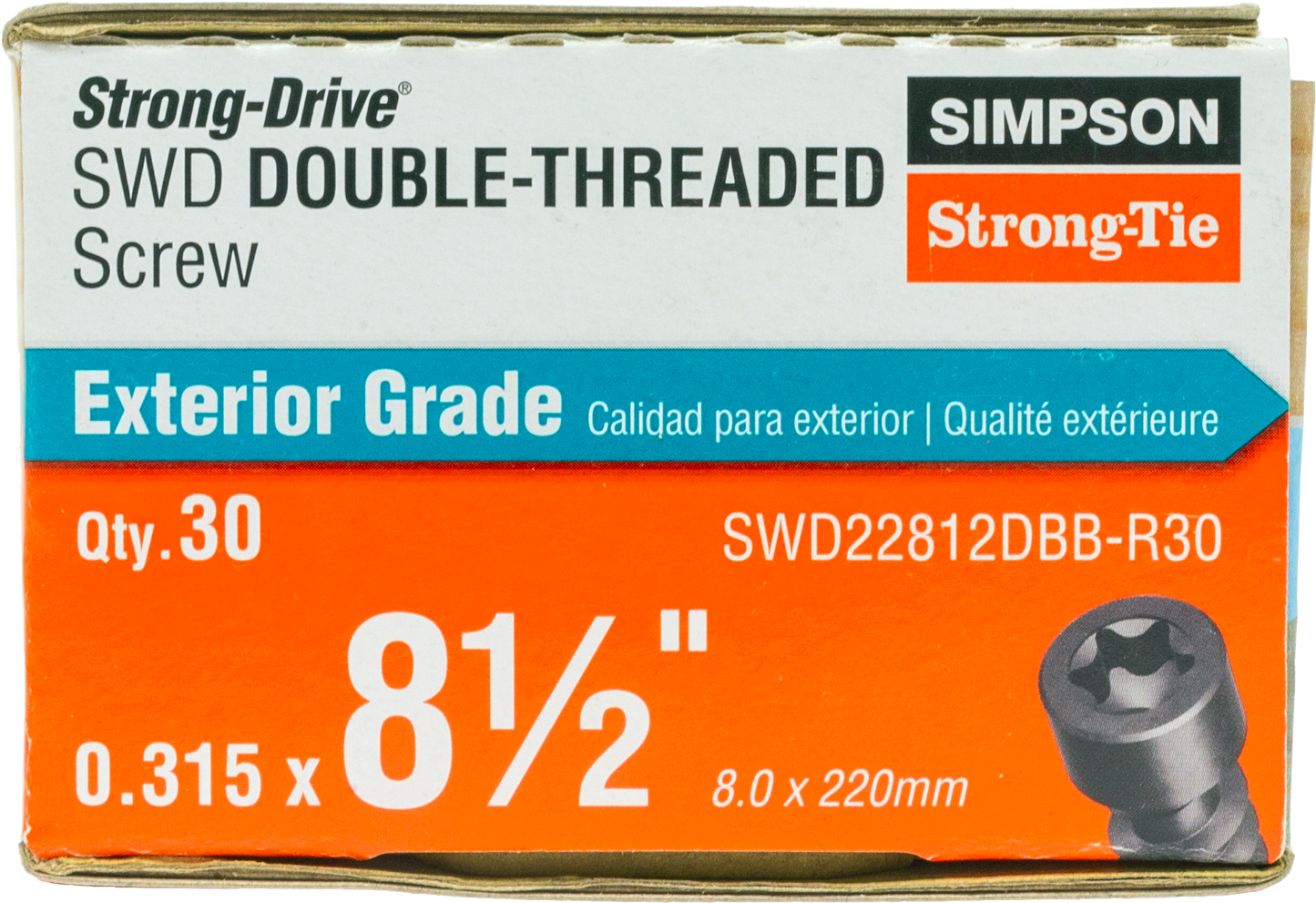 Simpson Strong-Tie SWD22812DBB-R30 Strong Drive® SWD Double-Threaded™ Screw — 0.235-in. x 8-1/2-in. T40, Black (30-Qty) (Pack of 6)